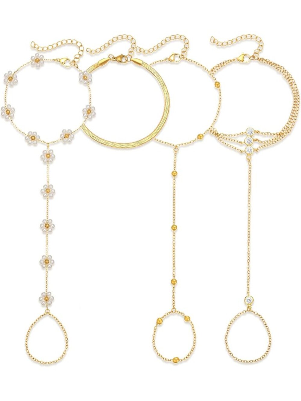 Trendy 6 Pcs Gold Hand Chain Bracelets Set for Women - Adjustable, Non-Tarnish